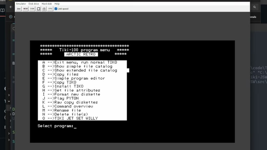 TIKI-100 emulator menu with Jet Set Willy option in Arctic retro video
