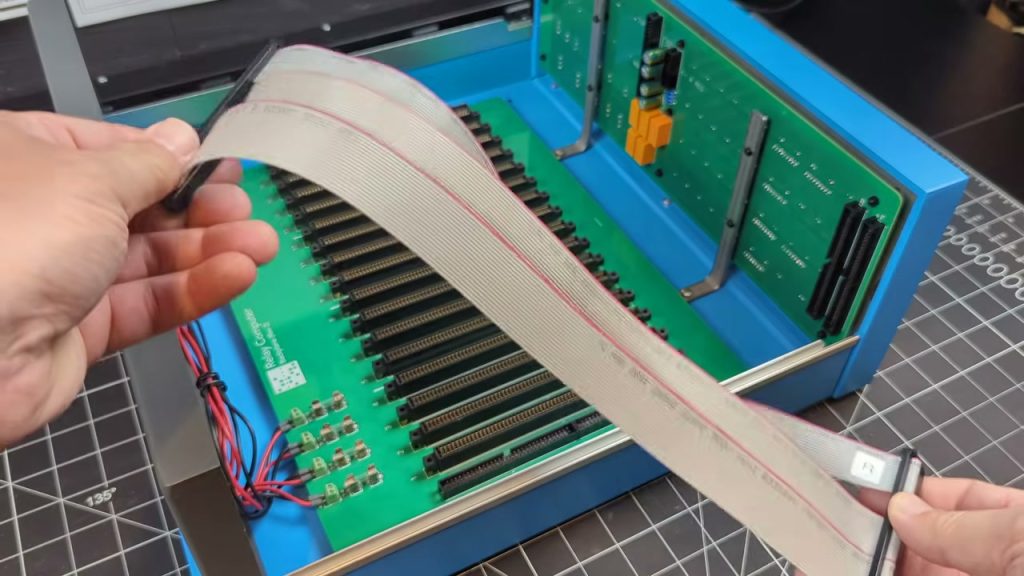 Ribbon cable and backplane inside DiPDoT’s homebrew relay computer