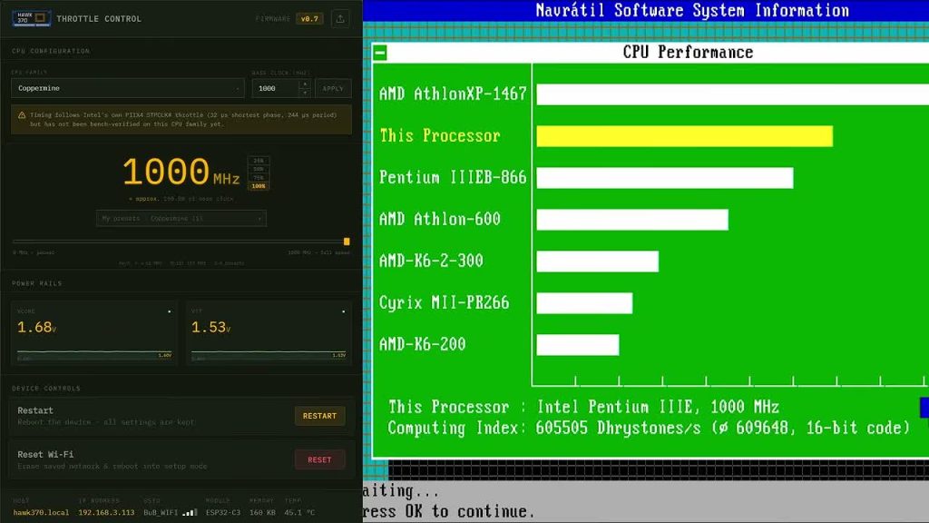 HAWK 370 throttle web interface alongside a Pentium III benchmark in the Bits und Bolts video