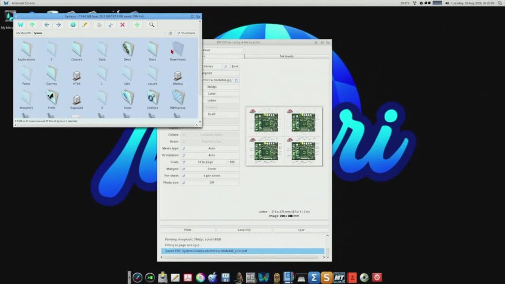MorphOS desktop with file manager and print-preview window in Chris Edwards Restoration video