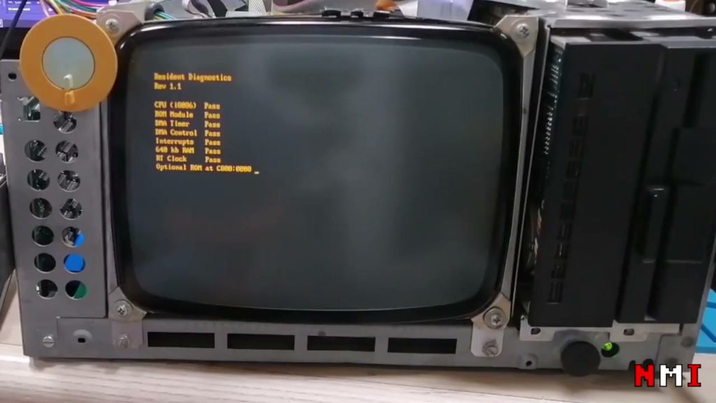 Olivetti M21 amber CRT displaying its hardware diagnostics in Fabio NMI’s restoration video