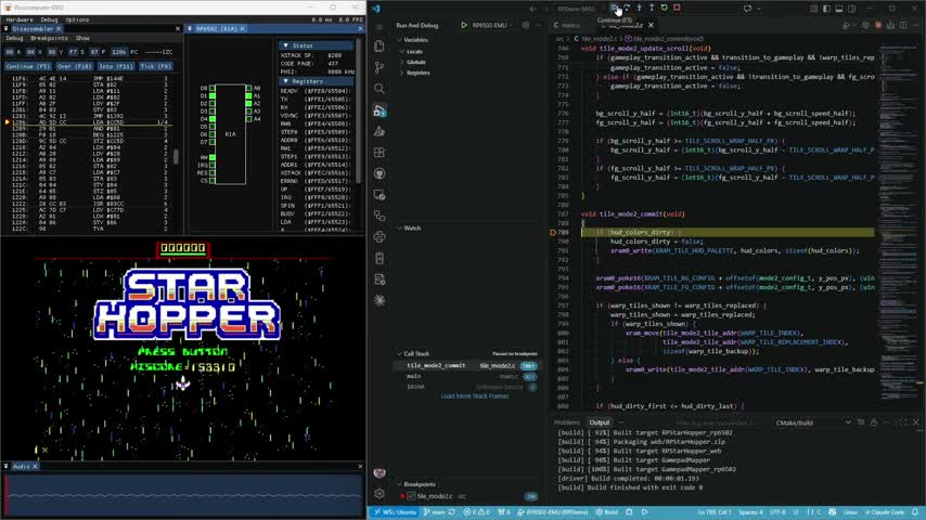 Picocomputer 6502 game, source code and debugger shown in Rumbledethumps video