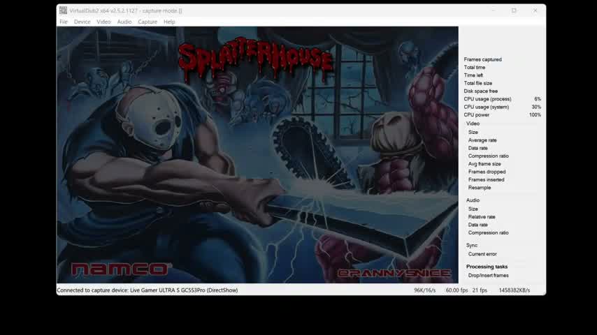 RetroRGB shows a game signal in capture software during its Live Gamer Ultra S test