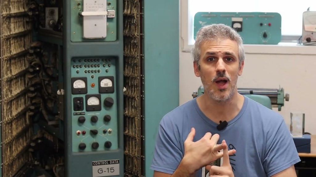 Usagi Electric speaking beside the Bendix G-15 computer
